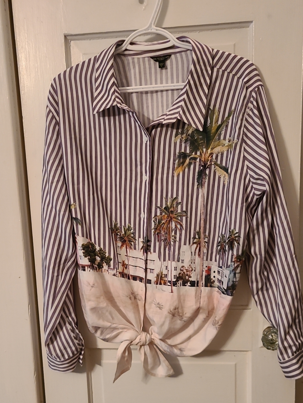 Guess Striped Palm-Print Tie Front Shirt - Purple/White